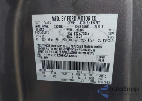 2006 Ford Escape Xls/Xls Manual z USA, uszkodzony, nr VIN 1FMYU02Z06KA42907